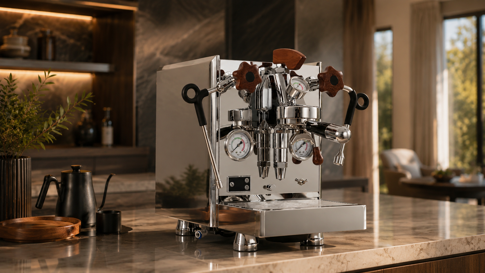Cafetera Massimo Classica de acero con detalles en madera, en una barra de café